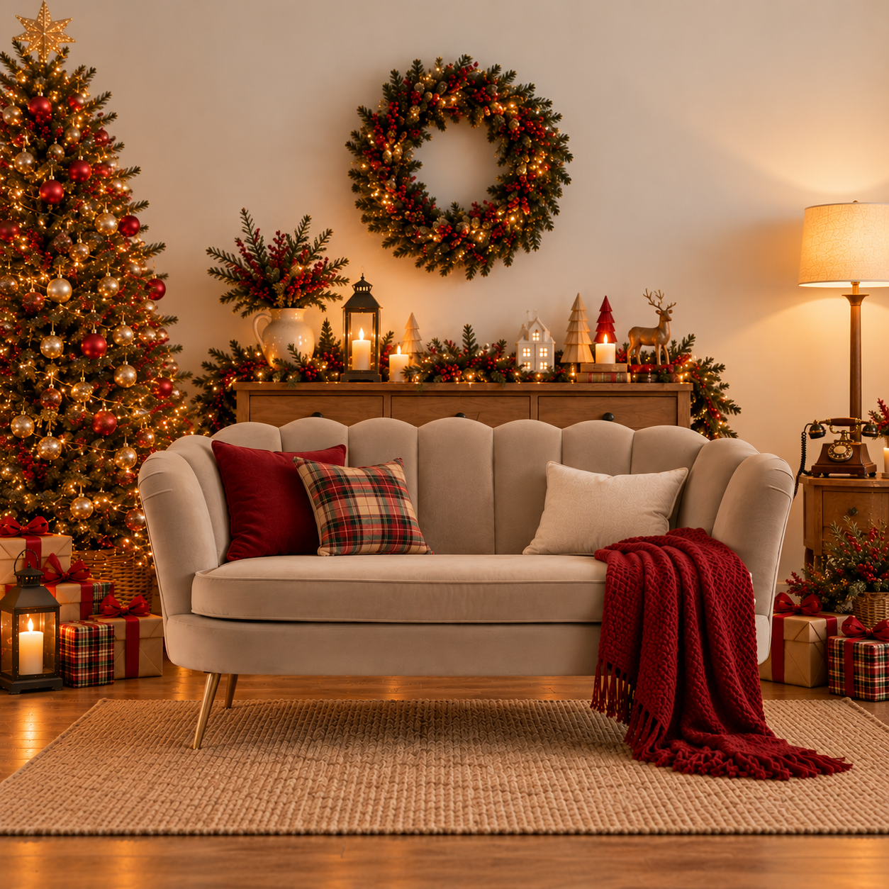 Imagem conceptual do cenário de Natal 2026: sala com árvore iluminada, sofá com mantas e presentes