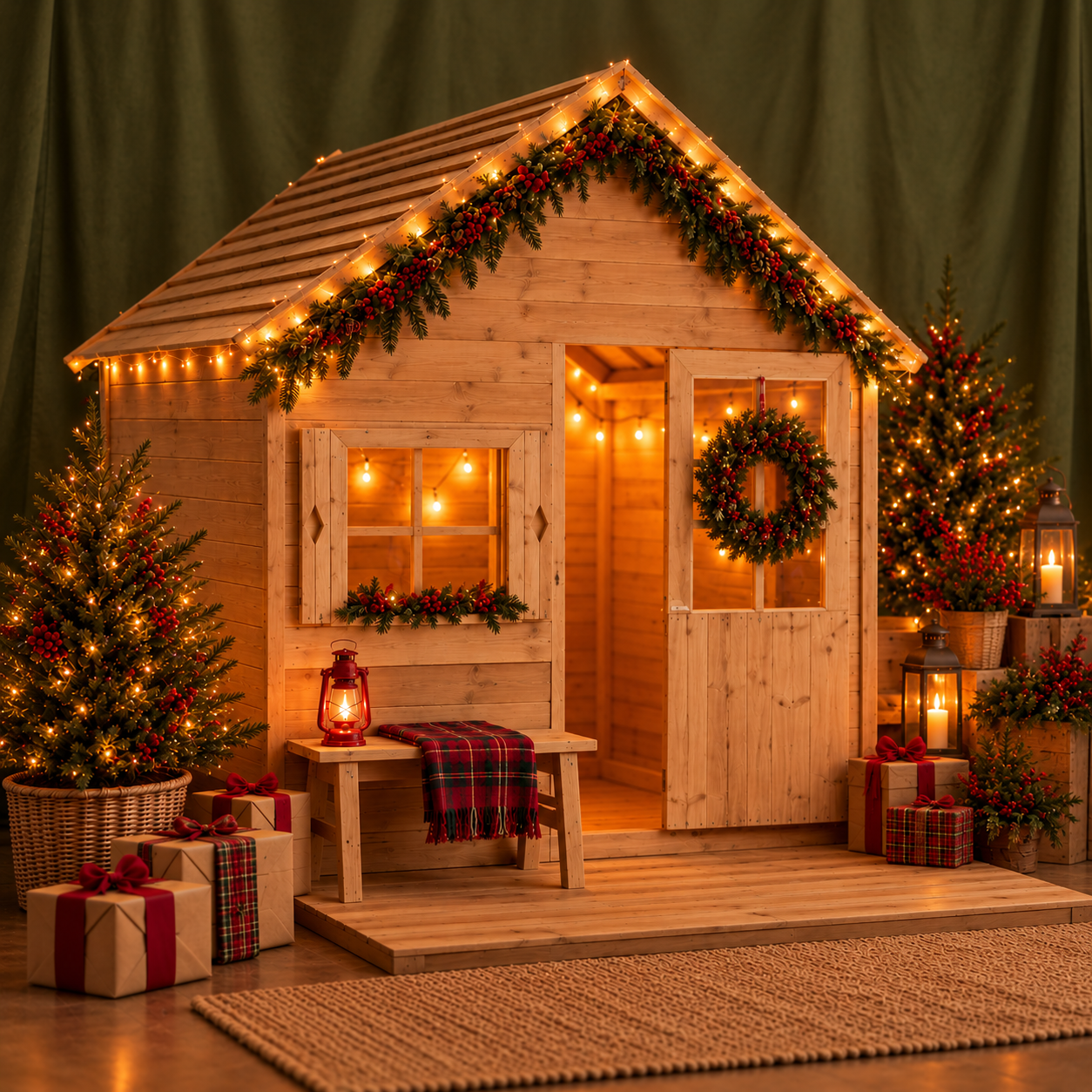Imagem conceptual do cenário de Natal 2026: cabana de madeira iluminada com presentes e decoração de Natal